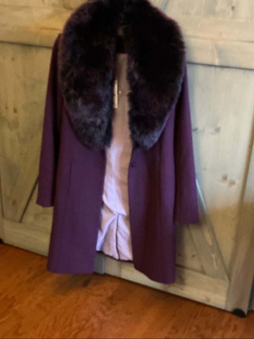 White House Black Market Deep Plum Wool Pea Coat with Dark Fur Collar